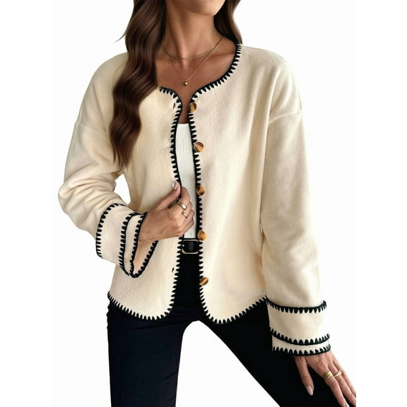 Open Front Cropped Cardigan Sweaters for Women Fall Dressy Casual Long Sleeve Button Down Knit Jacket Outwear  XL