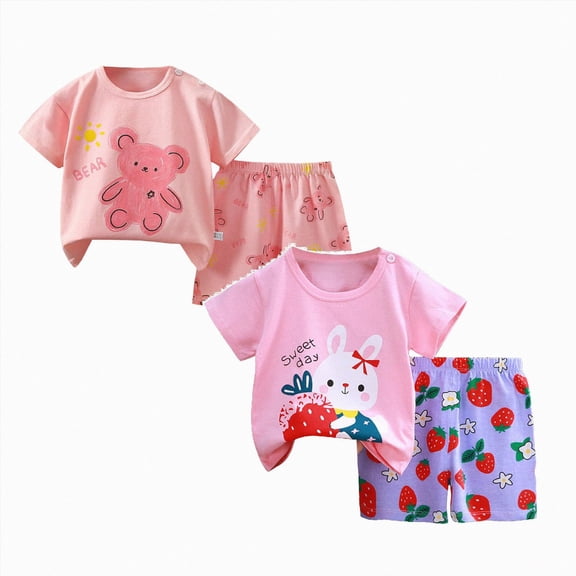 mgoYE Baby Girl Summer Outfit Size 18-24 Months Short Sleeve T Shirt Tops Casual Shorts Sets 4Pcs 3 9 18 24 Months 2T 3T 4T 5T 6T Kids Shorts Set