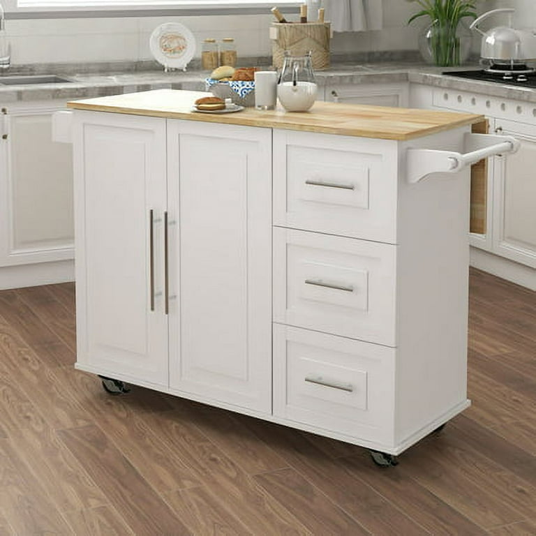 White Rubber Wood Drop-Leaf Counter Top 53 in. Kitchen Island on 5-Whe