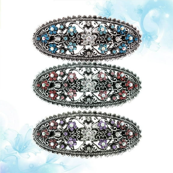 FRCOLOR 3pcs Vintage Alloy Crystal Oval Spring Hair Clips Temperament Hair Barrettes Hair for Ladies and Girls (Pink Blue Purple)