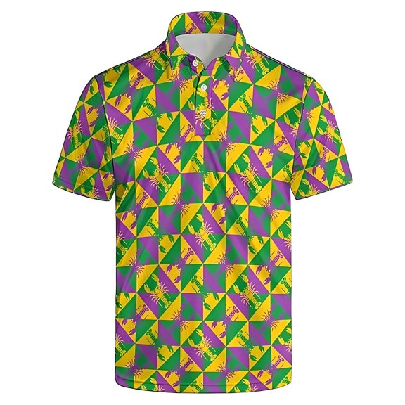 IWRICH Men's Striped Polo Shirts Short Sleeve Mardi Gras Button up Shirt Plus Size Loose Fit Casual Tees 05-Yellow XL