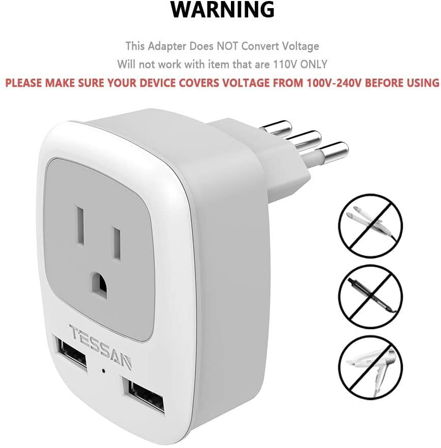 TESSAN 3 Prong Grounded Plug with Dual USB Charging Details about   Italy Travel Power Adapter 