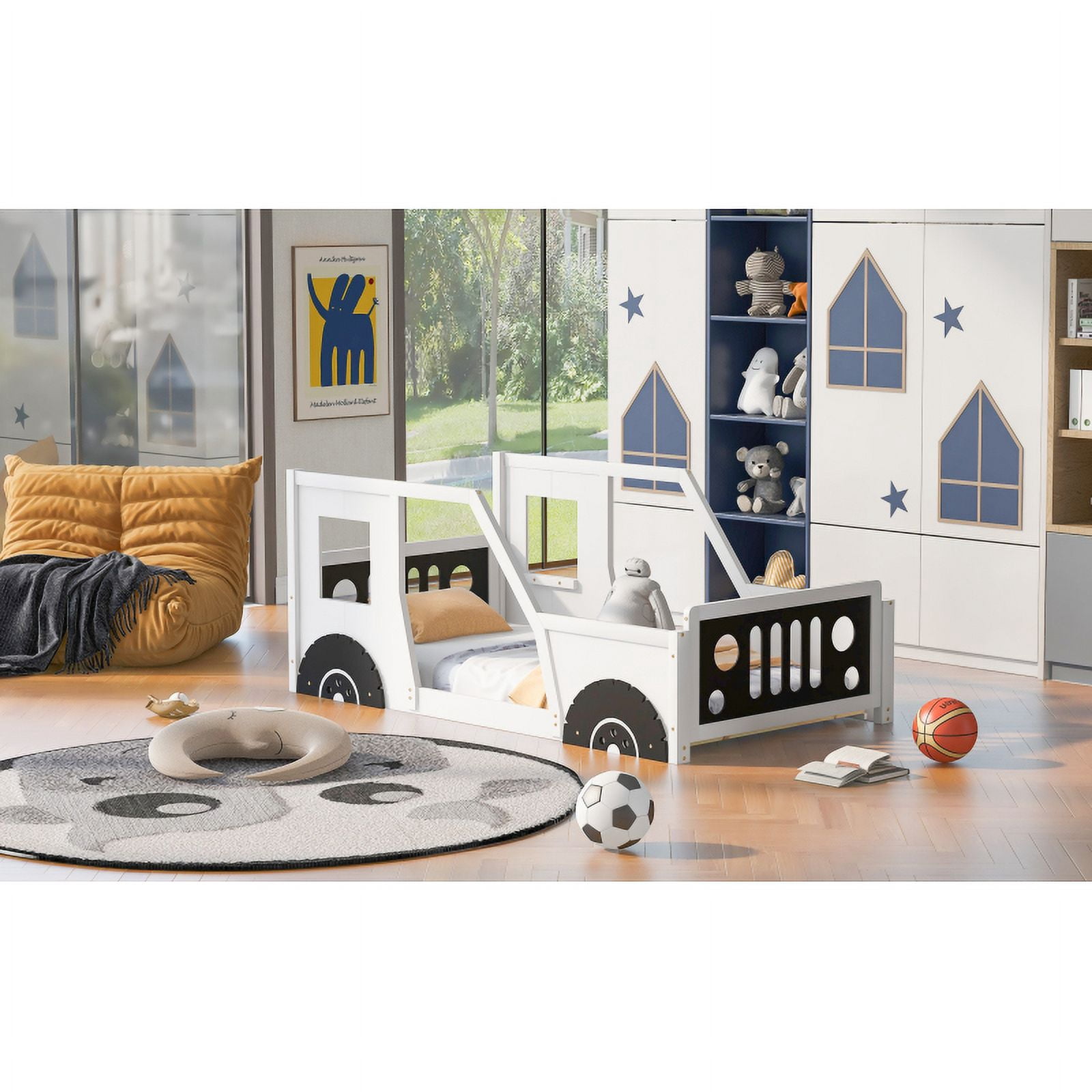 Twin Size Classic Car-Shaped Platform Bed with Wheels,White