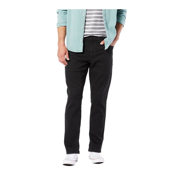 jeans denizen 231® athletic levi´s largo 30 hombre negro front-facing view of black denim jeans on male model, athletic straight cut with mid-rise waist, five-pocket design, visible belt loops and button fly, styled with casual shirt and white sneakers on white background; often used for everyday casual wear or travel.