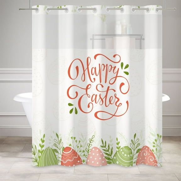 Mizhona Happy Easter No Hook Shower Curtains with Snap in Liner，Red and Pink Eggs Hookless Bath Curtain,71"× 74"