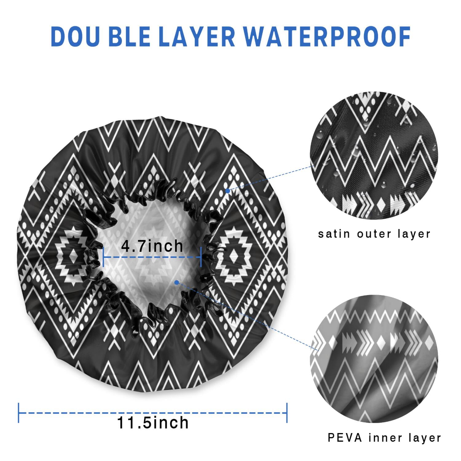 Shower Caps,Black Geometric Striped Pattern Waterproof Shower Cap for Women 4 Pieces,Double Reusable Hair Cover for Shower PEVA Elastic Stretch Hem
