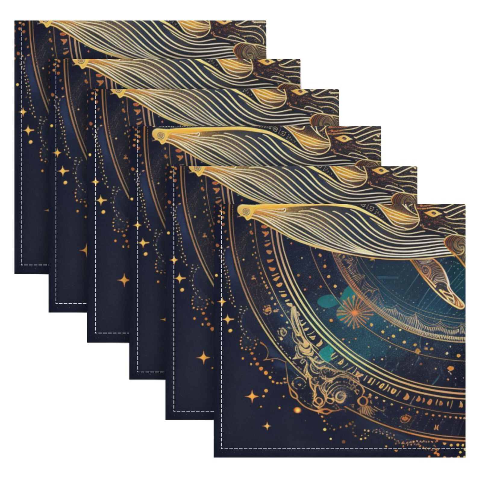 JSTEL Golden Whale Mandala Cloth Napkins Set of 6, 20x20 Inch Washable and Reusable Napkin for Decoupage Dinner Party Everyday Use