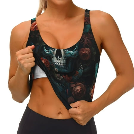 Qokaie Butterfly Flower Skull Pattern Womens Scoop Neck Sports Bra Breathable Workout Vest Padded U Back Medium Impact Fitness Gym Yoga Bra Workout Crop Top