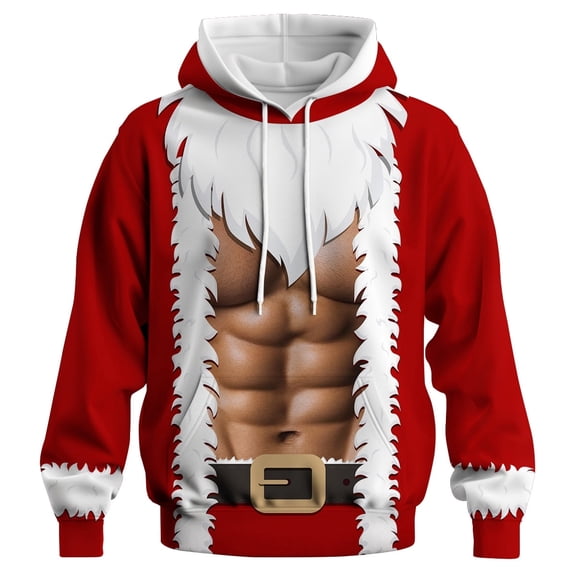 GHUALURU Men's Christmas Santa 3D Muscle Graphic Pullover Hoodie, Red White,Red1,L