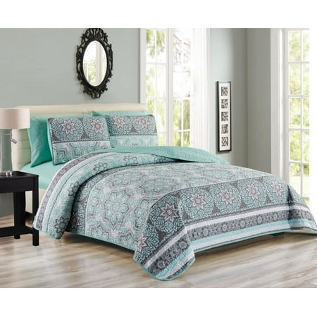 Gorgeous Bedspreads Ultra-Soft Medallion Floral Patchwork 6-Piece Reversible King Bedspread Set with Sheet Set ()