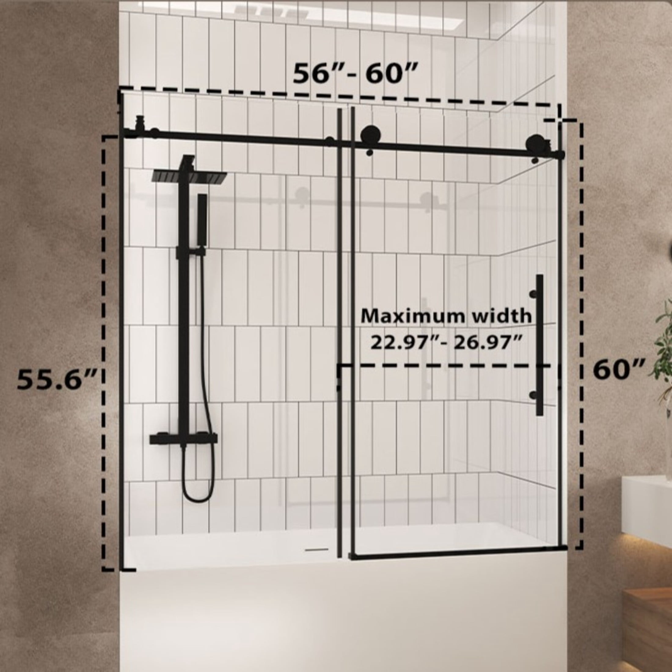 Noble House 60"x60" Frameless Sliding Shower Door, Tempered Glass with Stainless Steel Handle, Matte Black