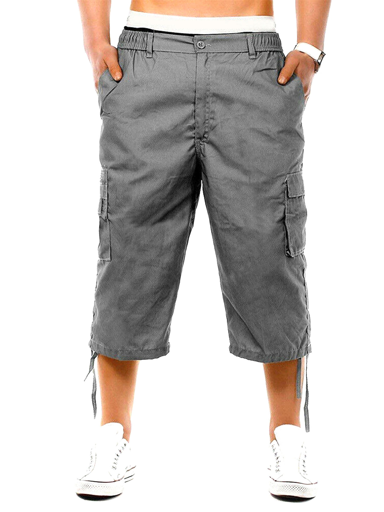 Hakjay Mens 3/4 Long Cargo Shorts Below Knee Shorts Capri Pants 