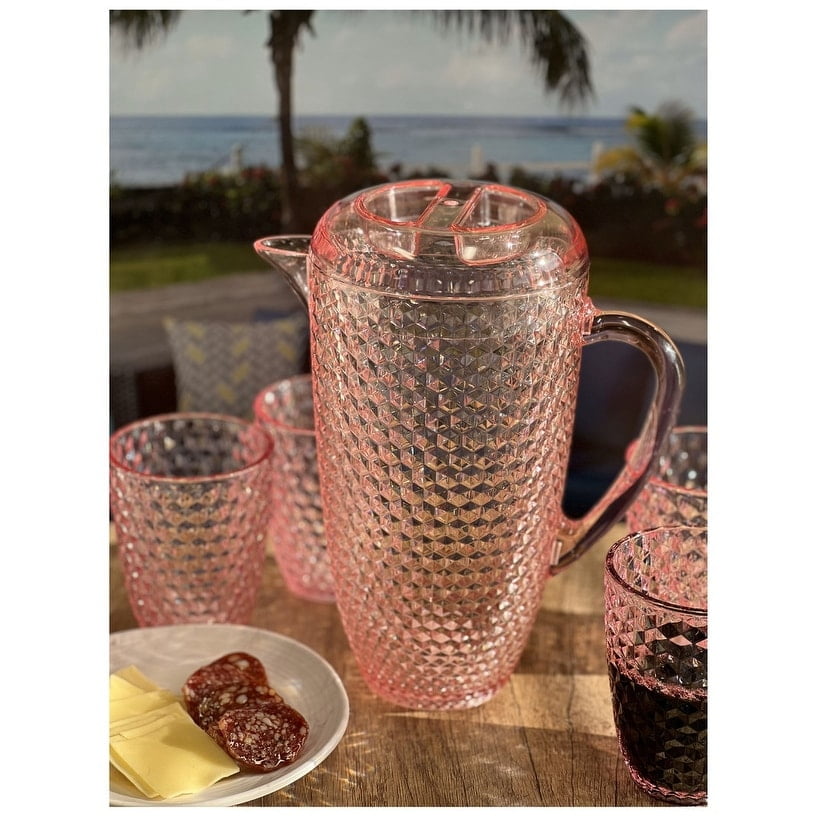 LeadingWare  Diamond Cut Acrylic Water Pitcher with Lid (2.5 Quarts) - 9.25" W x 9.25" L x 10" H Pink