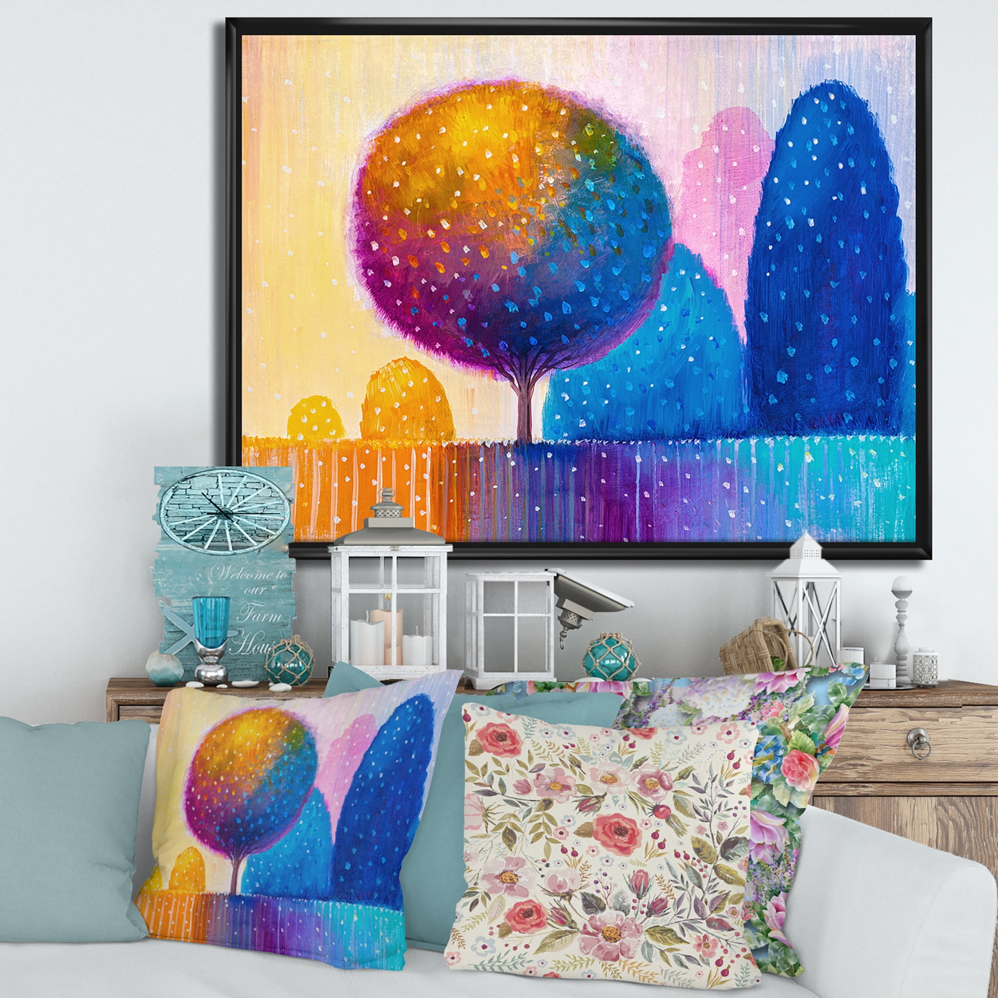 Designart 'Ornamental Colourful Trees X' Modern Framed Canvas Wall Art Print