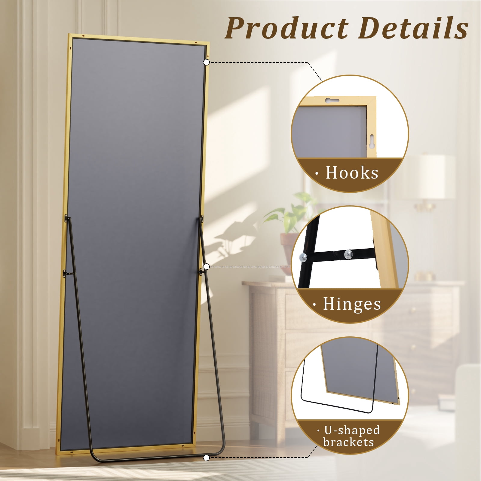 AUROMIR 24"x65" Rectangular Full Length Mirror Floor Mirror Full Body Standing Mirror, Gold