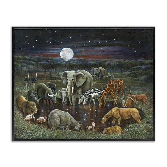 Stupell Industries Animal Pairs at Watering Hole Animals Painting Black Framed Art Print Wall Art, 14 x 11