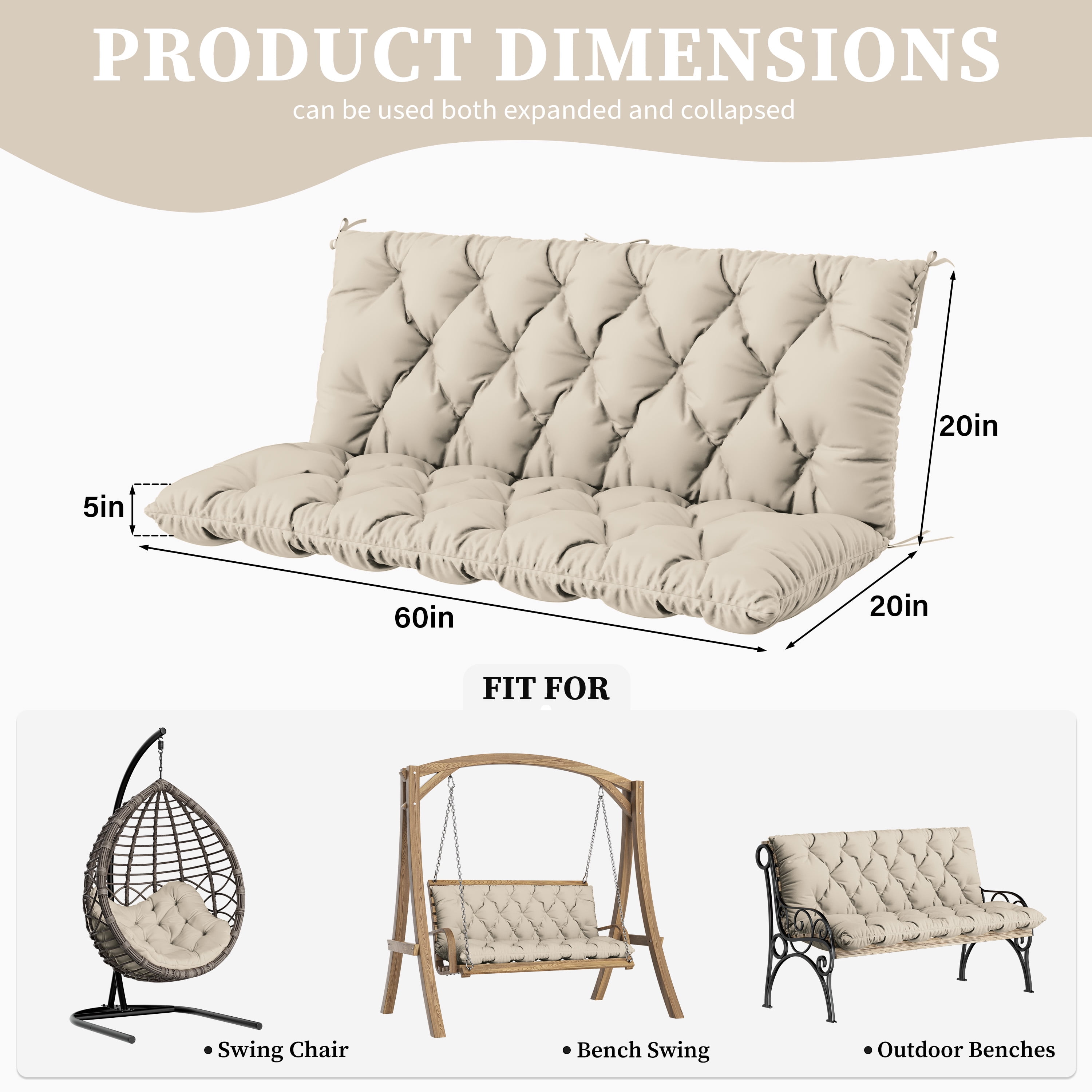 Snubbull Swing Replacement Cushion, Outside Bench Cushion with Backrest, 2-3 Seater Cushion with 6 Ties for Outdoor Furniture, 60 x 40 x 5 Inches Porch SwingCushion Garden Bench, Cream