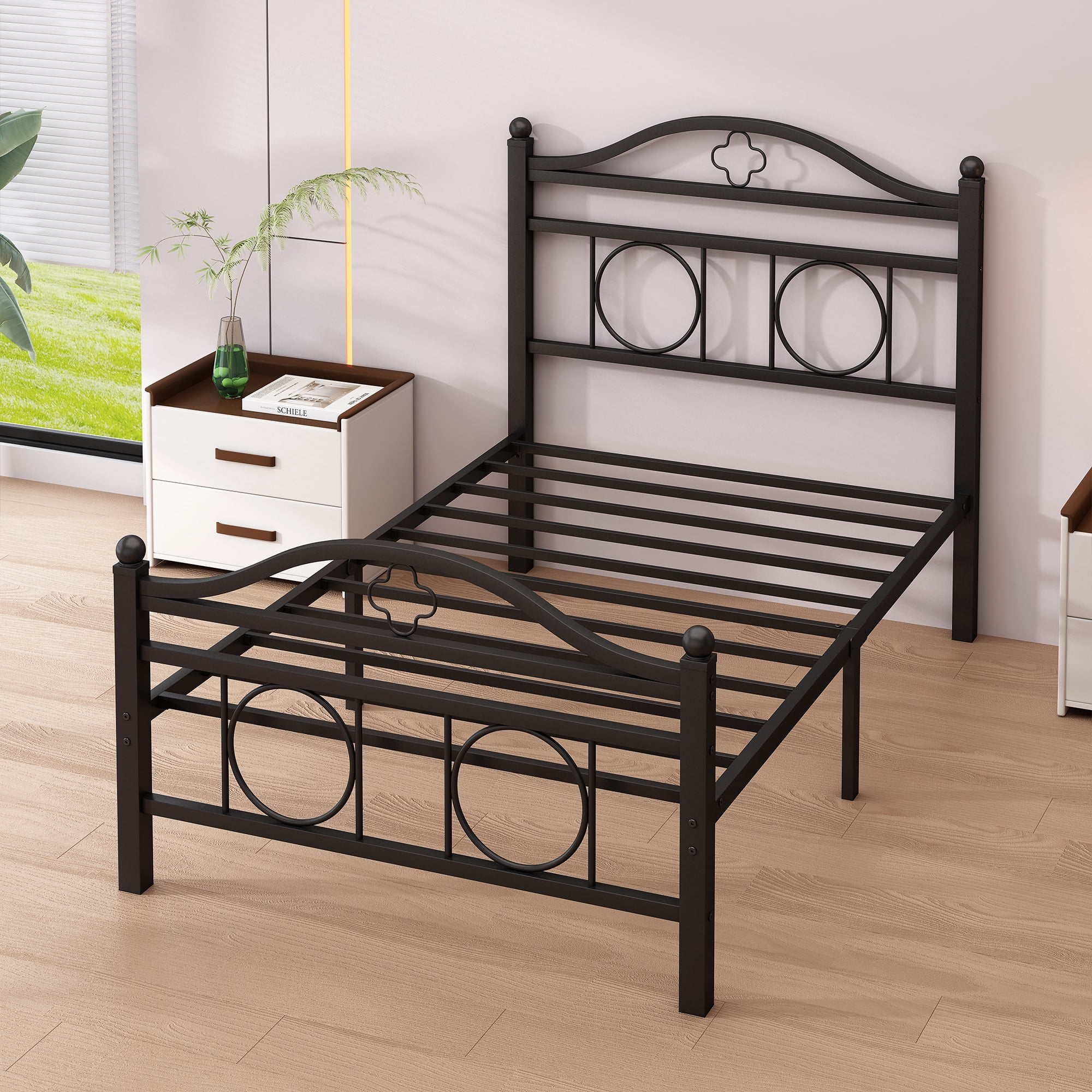 Chuangshuo Guard Twin Bed Frame with Headboard,Heavy Duty Steel Slats Support Mattress Foundation-Under Bed Storage, No Box Spring Needed, Noise Free,Black