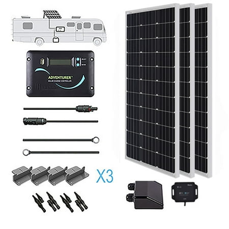Renogy 300 Watts 12 Volts Monocrystalline Solar RV Kit Off-Grid Kit with 30A PWM LCD Controller + Mounting Brackets + MC4 Connectors + Solar Cables + Cable Entry housing+BT