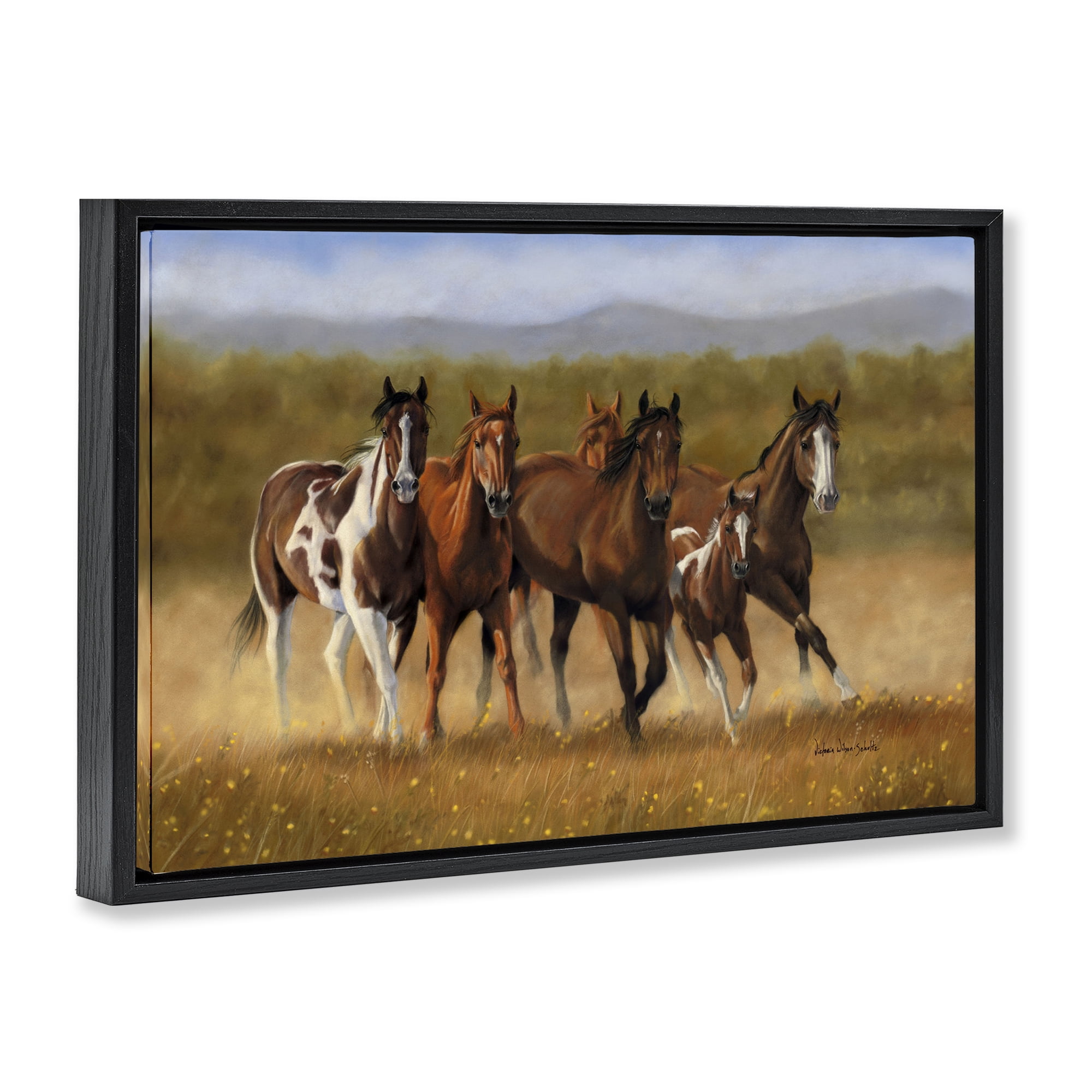 Stupell Industries Foal's First Run Animals & Insects Painting Black Floater Framed Canvas Art Print Wall Art, 31 x 21