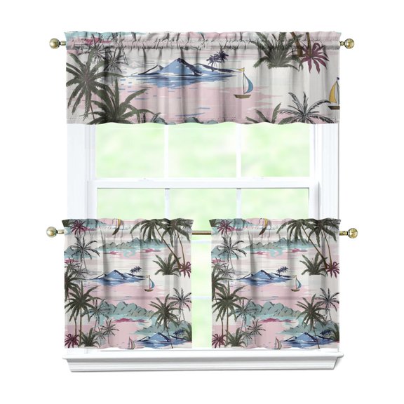 Beach Vacation Hawaiian Paradise Curtains 3-Pack - Boho Farmhouse Tier & Valance Set (54x18" 2x27.5x24") Tropical Sunset Palm Tree Window Treatments