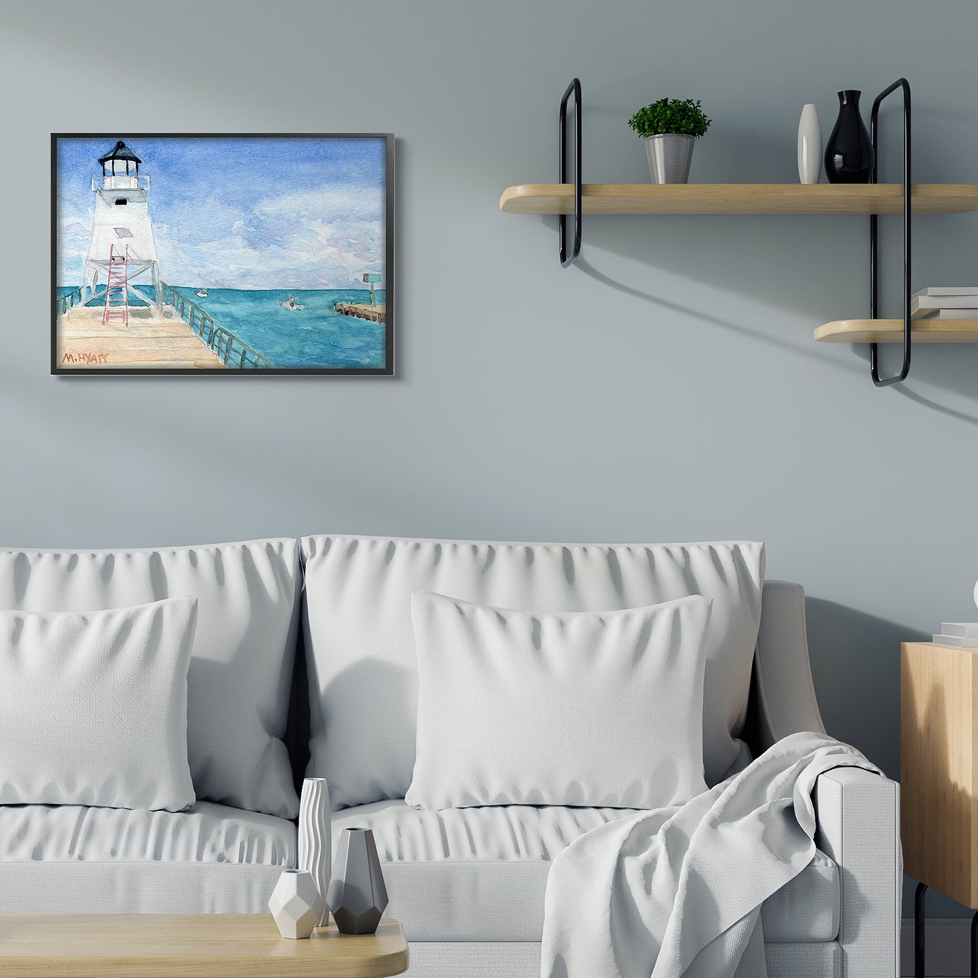 Stupell Industries Boardwalk Leading to Lighthouse Seaside Landscape Black Framed, 24 x 30, Design by Melissa Hyatt LLC
