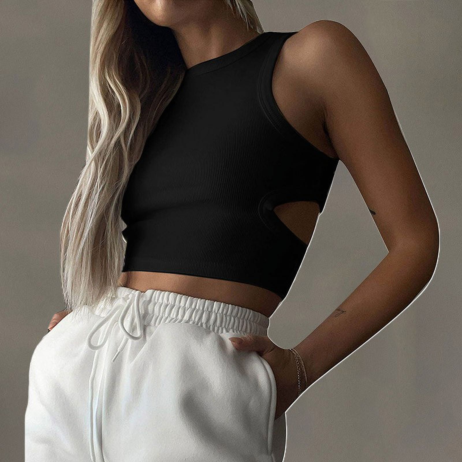 Women Casual Crop Tops Basic Sleeveless High Neck Rib-Knit Tank Top Hollow out Slim Fit Tanks