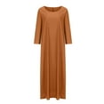 thumbnail image 6 of Ygbgbb Womens Plus Size Cotton Linen Fall Dresses Solid Color Long Sleeve Dresses Round Neck Pleated Waist Casual Maxi Dress Brown XXXXL, 6 of 6