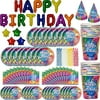 Birthday Party Supplies for 16 - Includes Balloon Birthday Banner, Large Plates, Small Plates, Cups, Napkins, Candles, Birthday Hats - all Paperware with a Matching Multi-colored Design and Decoration