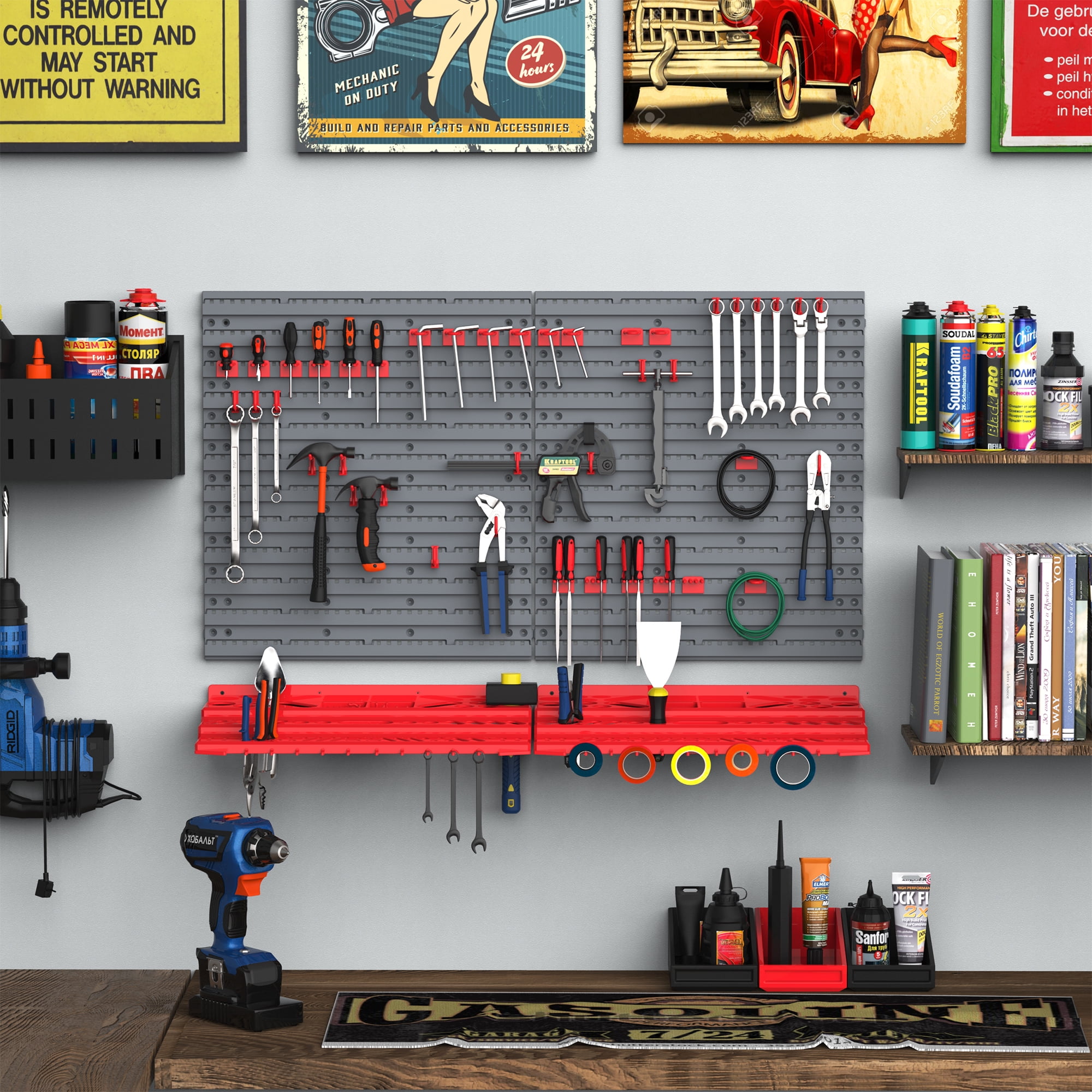 DURHAND 54 Piece Pegboard and Shelf Tool Organizer Wall Mounted DIY Garage Storage with 50 Hooks,