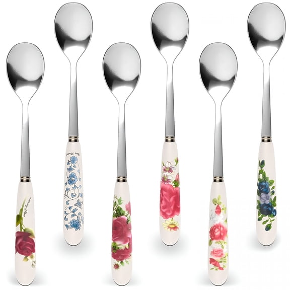 ACDANC 6 Ceramic Handle Coffee Spoons Set - 6.1" Small Dessert Spoons with Floral Design - Stainless Steel Tea & Dessert Sugar Spoon for Coffee Bar,Espresso,Hot Drinks