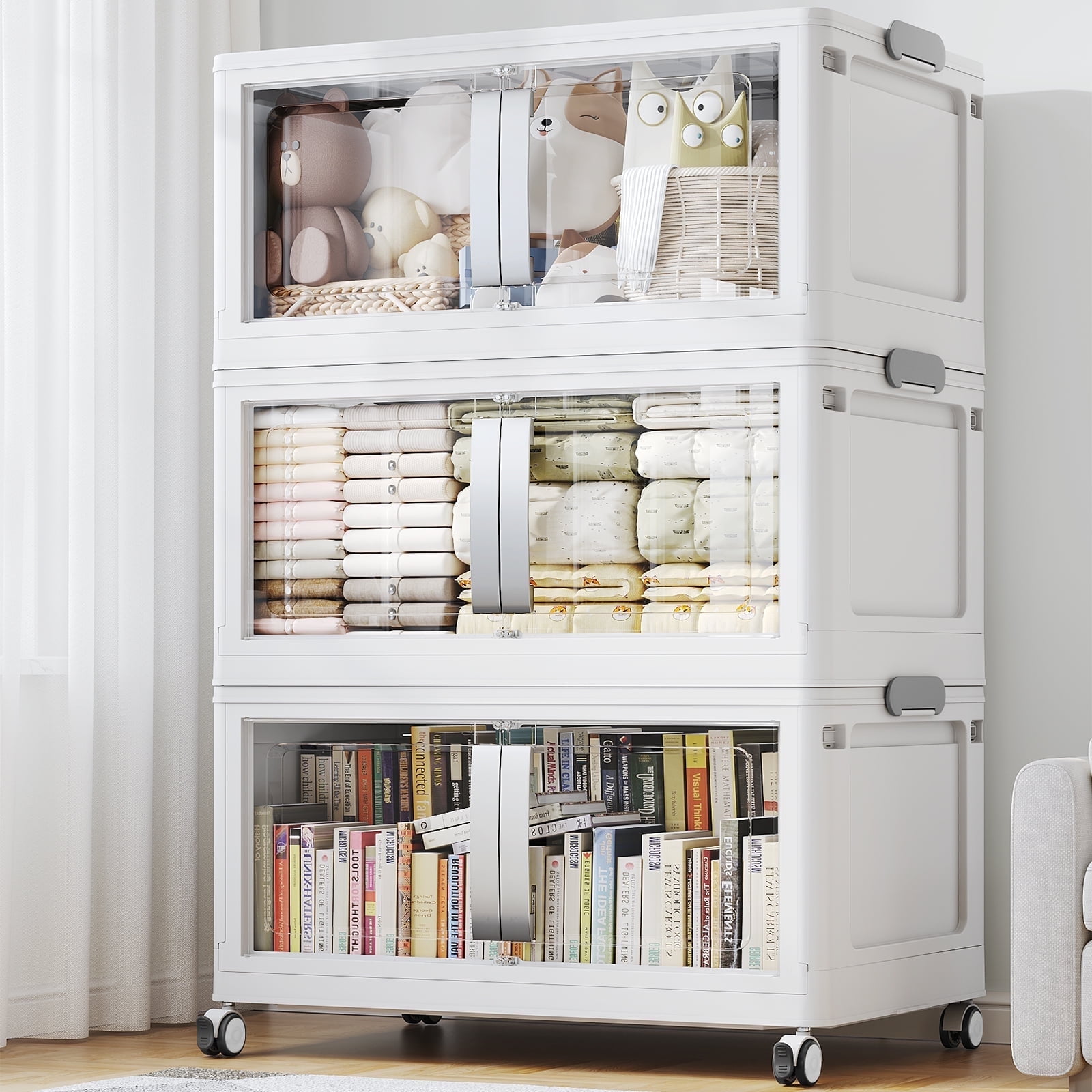 Broview V70 Stackable Storage Bins Extra Large 120 Gallon (480 Quart), Plastic Box, Stackable & Foldable, Clear Doors, Magnetic Closure, 360° Wheels, White 3pack