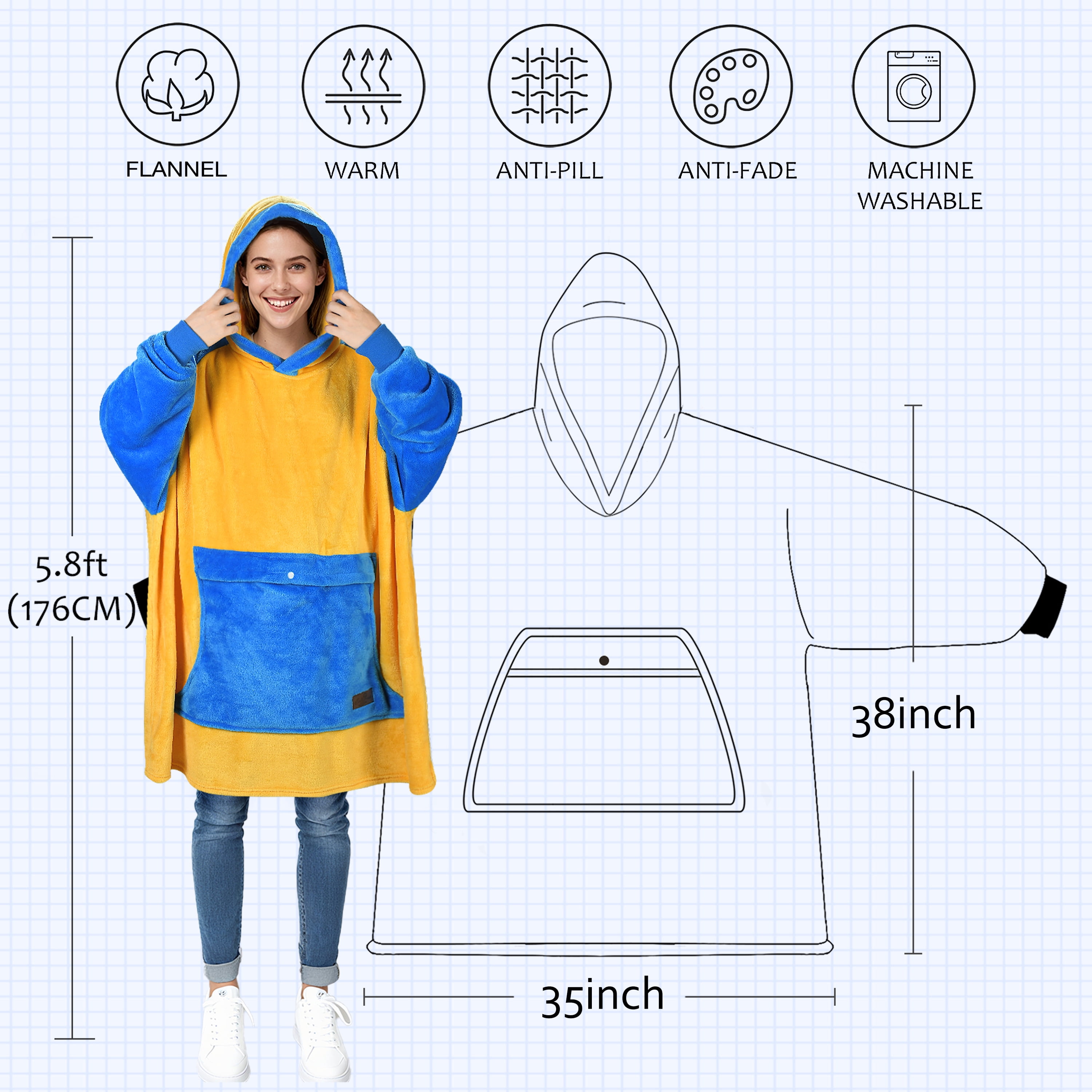 Tirrinia Oversized Blanket Hoodie Sweatshirt, Fleece Pullover with Large Front Pocket, for Adults Men Women, Blue