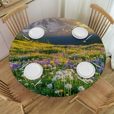 

Palnkart Wildflowers Mountain Sunlight Round Tablecloth | Stain-Resistant & Washable | Ideal for Indoor/Outdoor Use | Great for Home Kitchen/Parties | Full Width Single-Sided Printing 42 -46