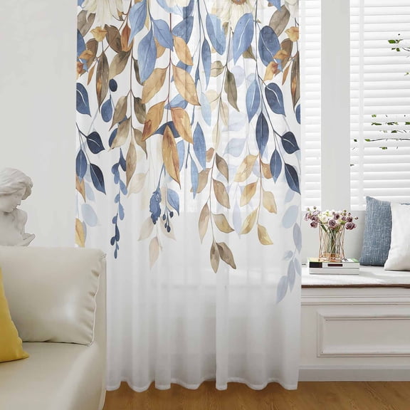 Orange Blue Botanical Semi Sheer Curtains Drapes for Living Room, Bedroom, French Doors Window 63 Inches Long, Weeping Fall Eucalyptus Leaves Rod Pocket Chiffon Curtain Drapery Voile Draperies Panel