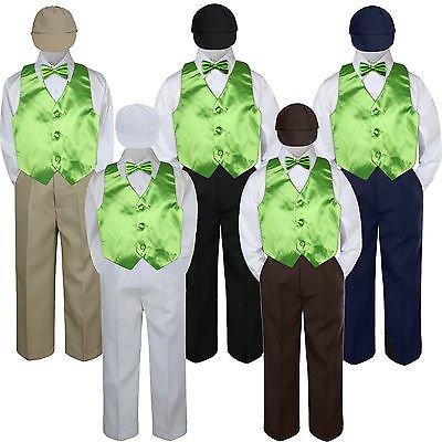 

5pc Boy Suit Set Lime Vest Bow Tie Baby Toddler Kid Formal Hat Pants S-7