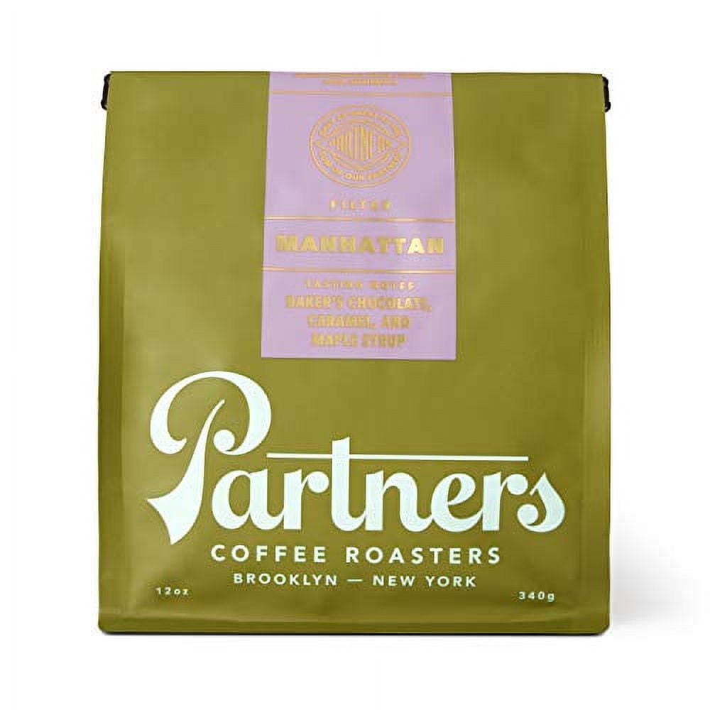 Partners Coffee, Manhattan Blend - 12 Ounce | Dark Roast | Espresso Beans | Low Acidity | Note of Baker's Chocolate and Maple Syrup | Try Cold Brew, Espresso, and French Press Methods.