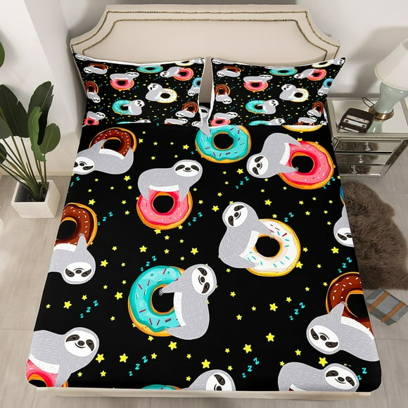 Erosebridal Grey Sloth Animal Fitted Sheet Full, Donut Dessert Fitted Sheet Set Full, StarsRoom Decor 3pcs（No Top Sheet）