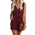 thumbnail image 2 of Fangasis Women Romper V Neck Jumpsuits Solid Color Short Jumpsuit Ladies Casual Shorts Plain Holiday Mini Pants Wine Red M, 2 of 6