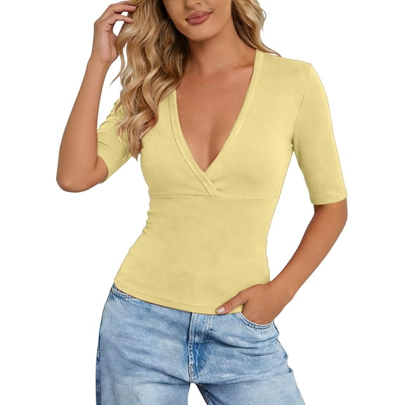 Daznico Women's V-Neck Surplice Short Sleeve Slim Fit T-Shirt Casual Stretch Top,L