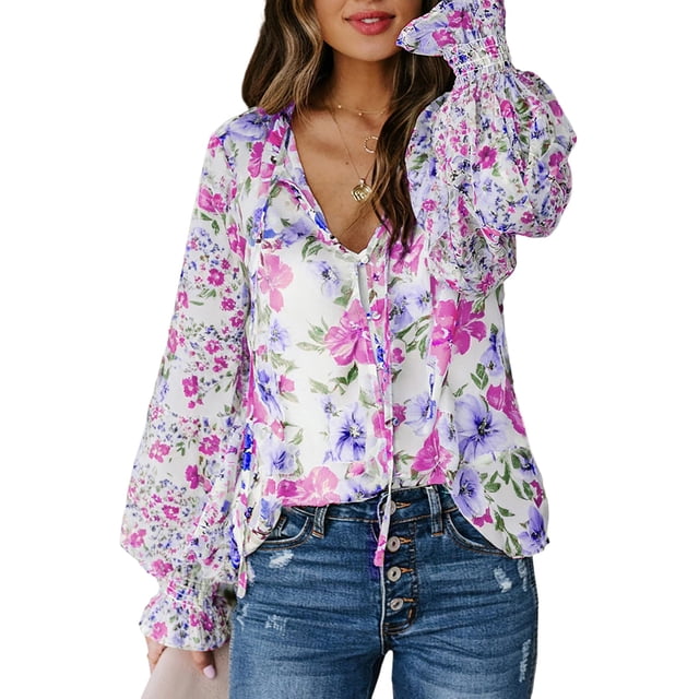 Blusa Biucly para mujer, casual, con estampado floral bohemio, primavera 2024