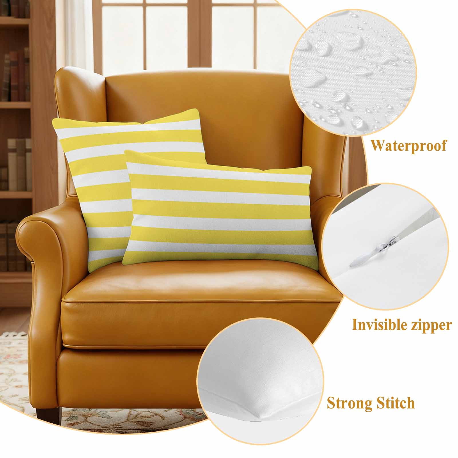 Yellow Striped Outdoor Waterproof Pillow Covers, Modern Simple Monochrome Geometric White Decorative Square Throw Pillowcase Sofa Cushion Sham for Patio/Couch/Chair, 20"x20" 2 Pack