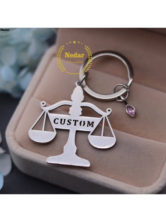 Custom Name Lawyer Stainless Steel Balance Law Scales of Justice Birthstone Keyring Customized Zodiac Libra Keychain Gift
