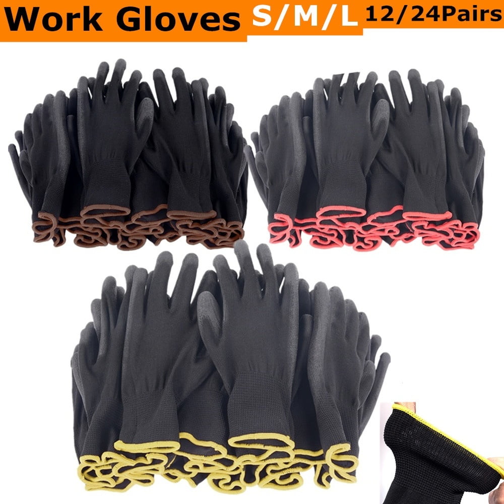 12 Pairs Black Nylon PU Safety Work Gloves Builders Grip Palm Coating Gloves