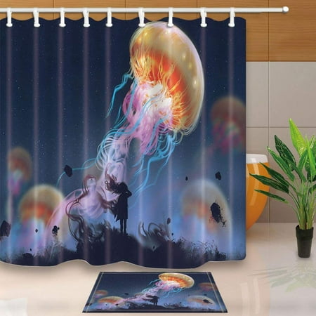 WOPOP Creative Ocean Animal Decor Silhouette Girl Looking at Jellyfish Floating Sky Shower Curtain 66x72 inches with Floor Doormat Bath Rugs 15.7x23.6
