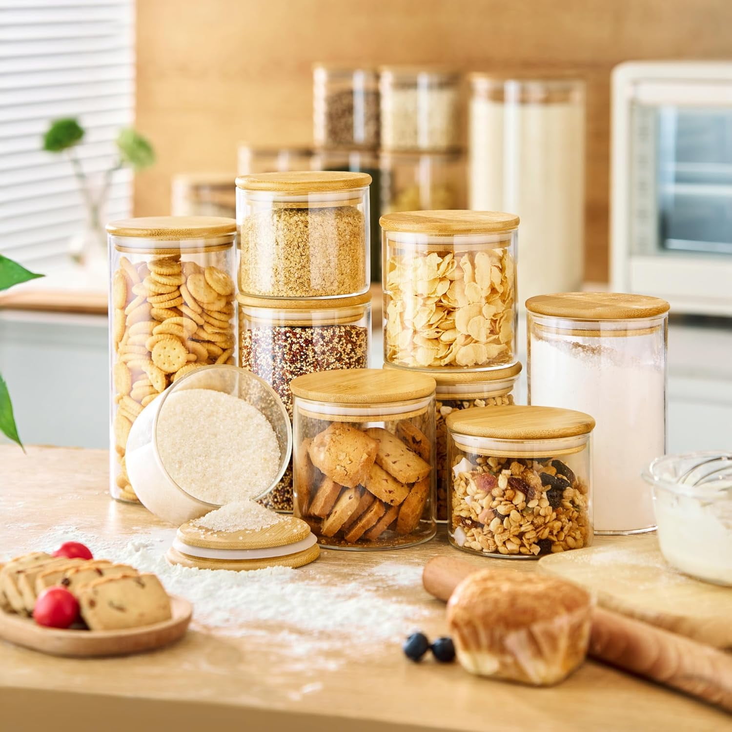 GRD Multi Size-5 Pack Glass Jars with Bamboo Lids,Glass Pantry Storage Containers with Airtight Lids,Round Air Tigh Food Storage Canisters for Cereal,Pasta,Flour,Sugar, Best for Kitchen Organizer