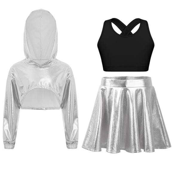 Sholeno Kids Girls Hip-hop Jazz Dance Outfits Long Sleeve Crop Hoodies Vest And Shiny Ruffled Skirt Silver Black 6