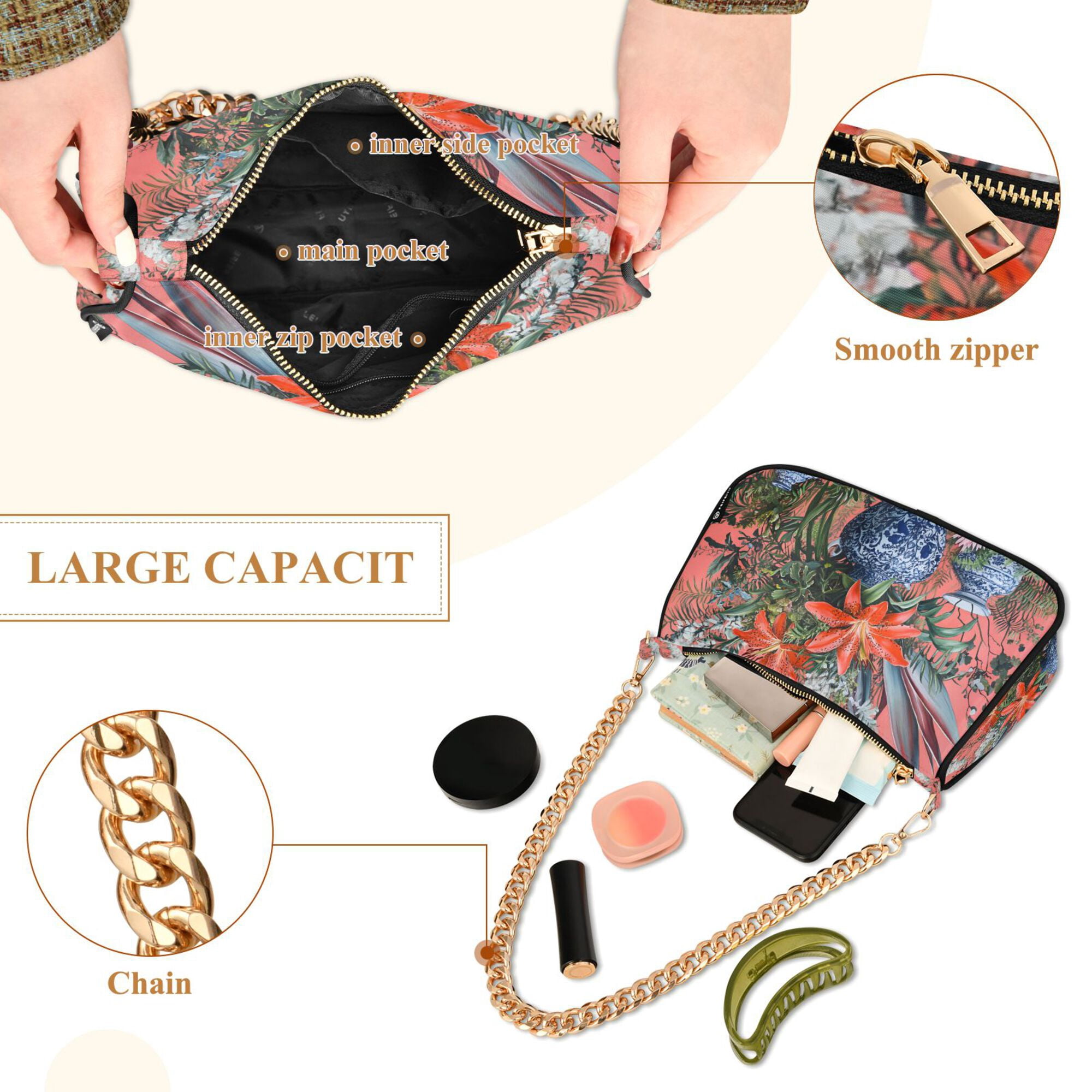 FORMRS Womens Shoulder Bag with Chain Strap Clutch Purse Cute Tote Handbag, Orange Vibrant Flowers