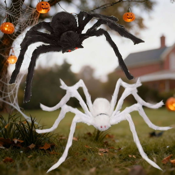 Gustave 2Pcs Halloween Giant Spider Decoration Scary Realistic Fake Hairy Spiders Prop for Halloween Party Indoor Outdoor Decor, White 49", Black 49"