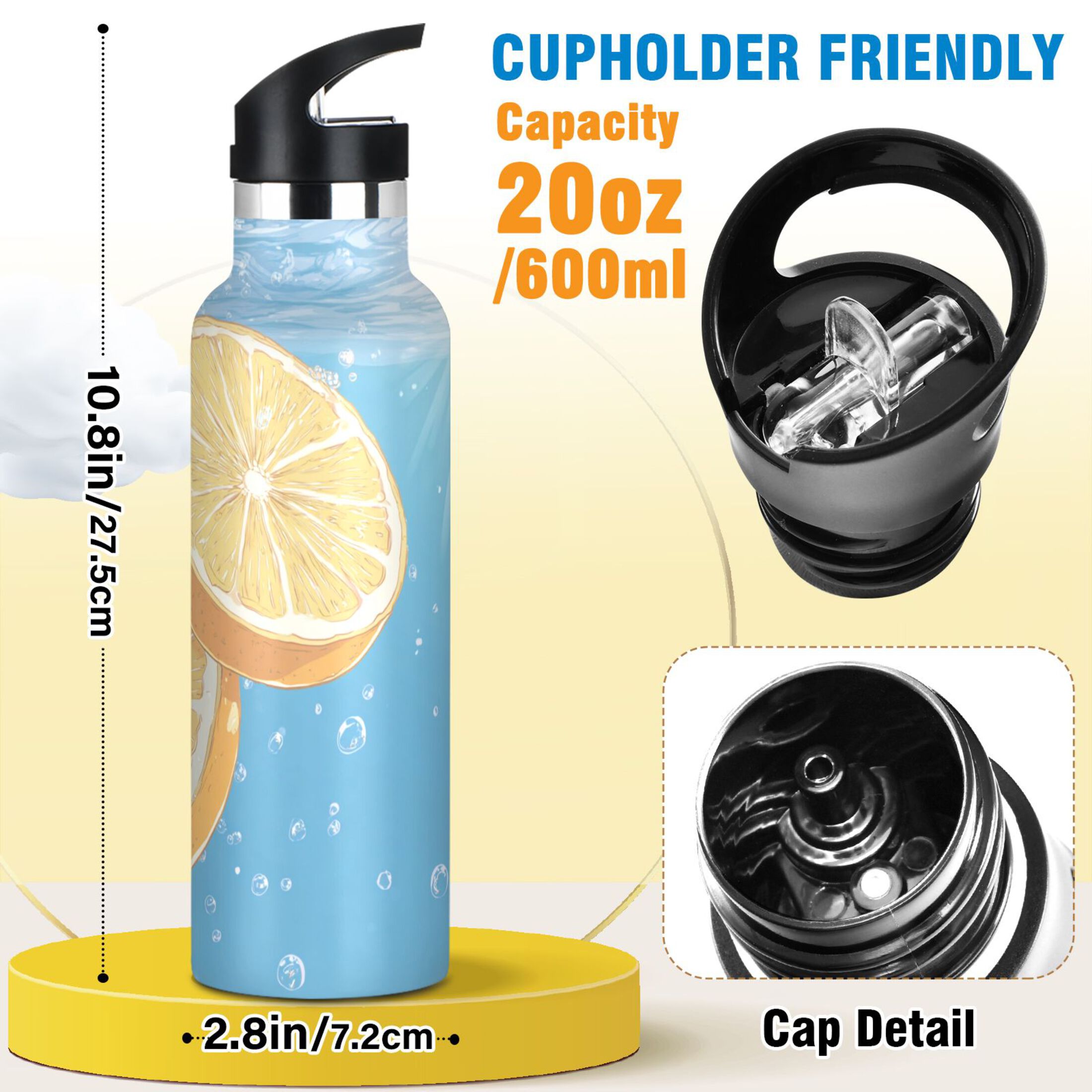 600ML Stainless Steel Insulated Cup Sports Water Bottle Portable Thermos Cup Water Glasses Insulated Tumblers Convenient and Durable Beautiful Yellow Lemon